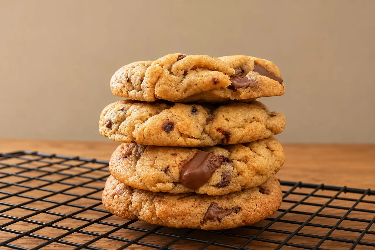 A thick choc chip cookie broken open on a pale surface, chocolate still soft in the middle