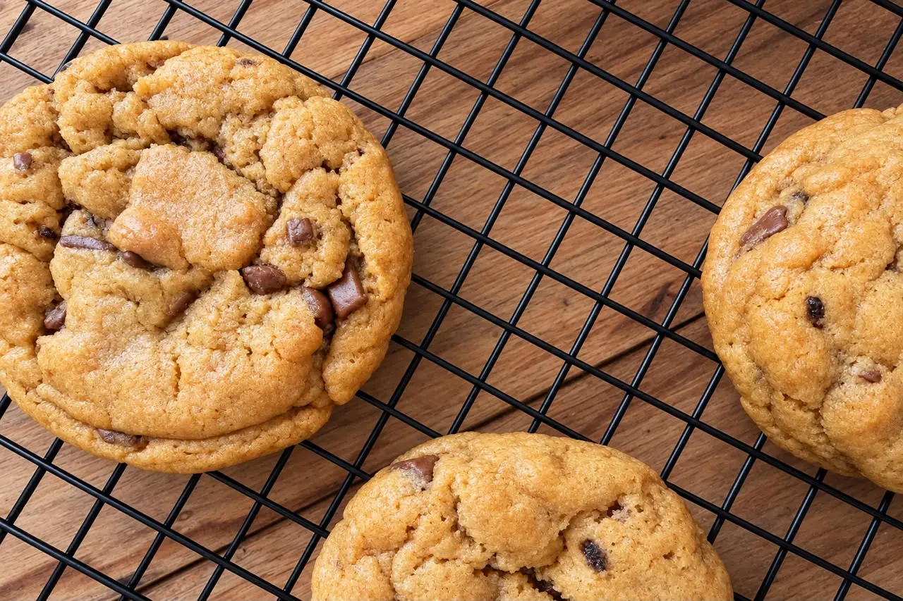 A tray of freshly baked choc chip cookies, still on the baking paper
